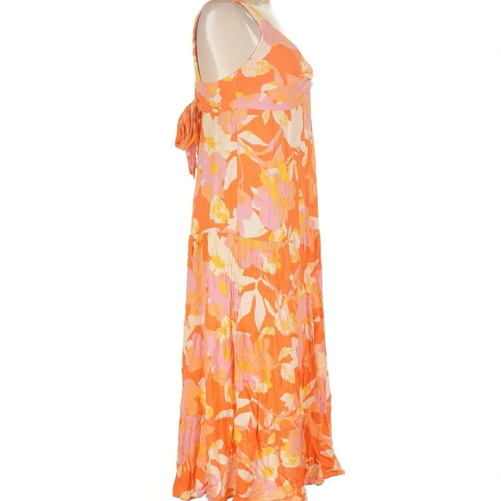 Floral Tropical Orange, Pink and Yellow V-Neck Midi Calf-Length Dress